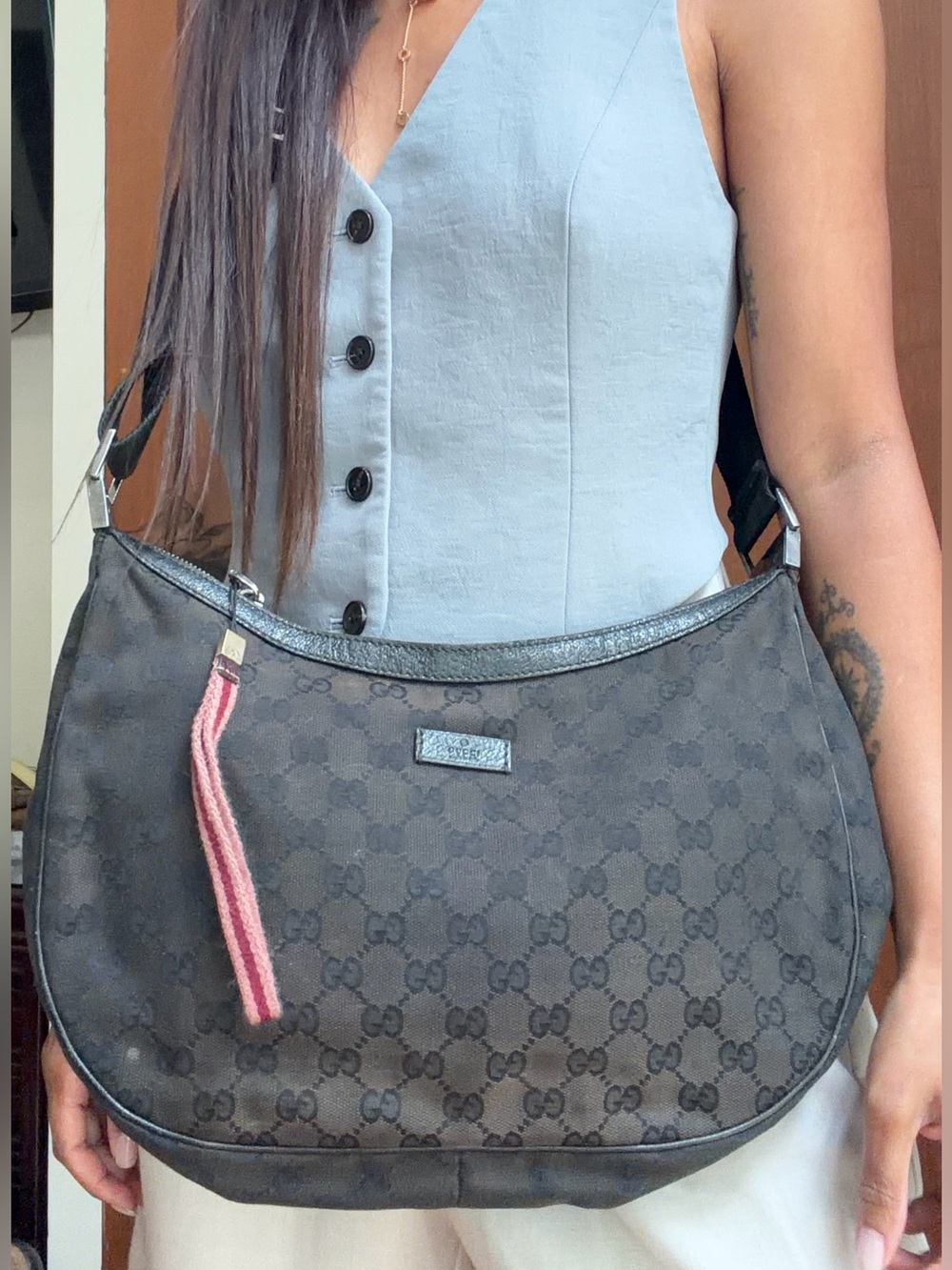 Gucci Charcoal Monogram Crescent Shoulder Bag with Pink Tassel